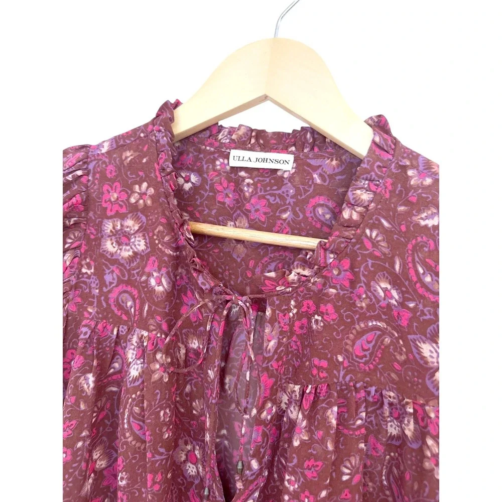 Ulla Johnson Renly Silk Paisley Floral Puff Sleeve Blouse Berry Purple Size 8